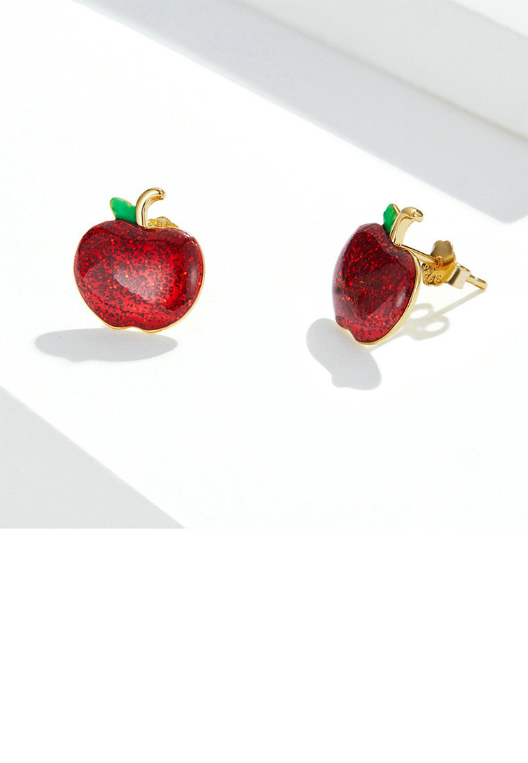 925 Sterling Silver Plated Gold Simply Sweet Enamel Christmas Apple Stud Earrings