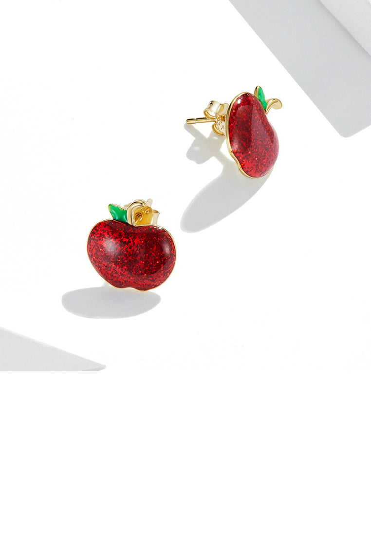 925 Sterling Silver Plated Gold Simply Sweet Enamel Christmas Apple Stud Earrings