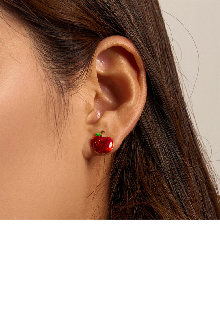 925 Sterling Silver Plated Gold Simply Sweet Enamel Christmas Apple Stud Earrings