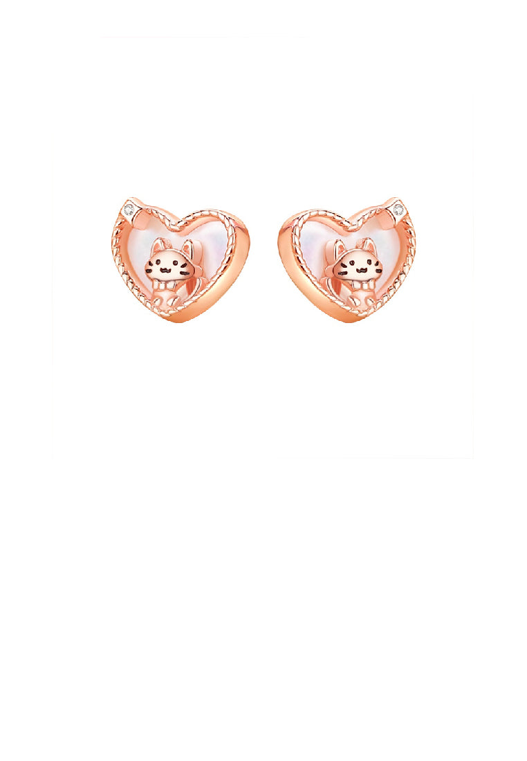 925 Sterling Silver Plated Rose Gold Lovely Sweet Cat Mother-of-pearl Heart Stud Earrings with Cubic Zirconia - Luxurious Look