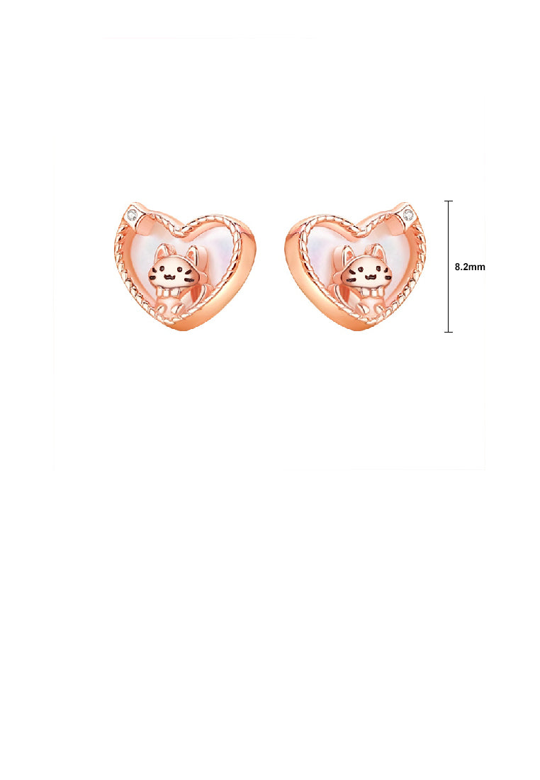 925 Sterling Silver Plated Rose Gold Lovely Sweet Cat Mother-of-pearl Heart Stud Earrings with Cubic Zirconia - Luxurious Look