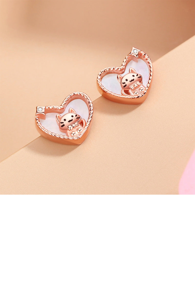 925 Sterling Silver Plated Rose Gold Lovely Sweet Cat Mother-of-pearl Heart Stud Earrings with Cubic Zirconia - Luxurious Look