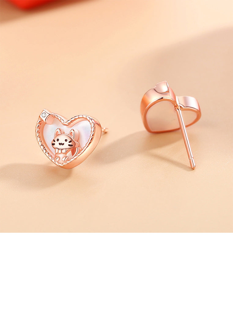 925 Sterling Silver Plated Rose Gold Lovely Sweet Cat Mother-of-pearl Heart Stud Earrings with Cubic Zirconia - Luxurious Look