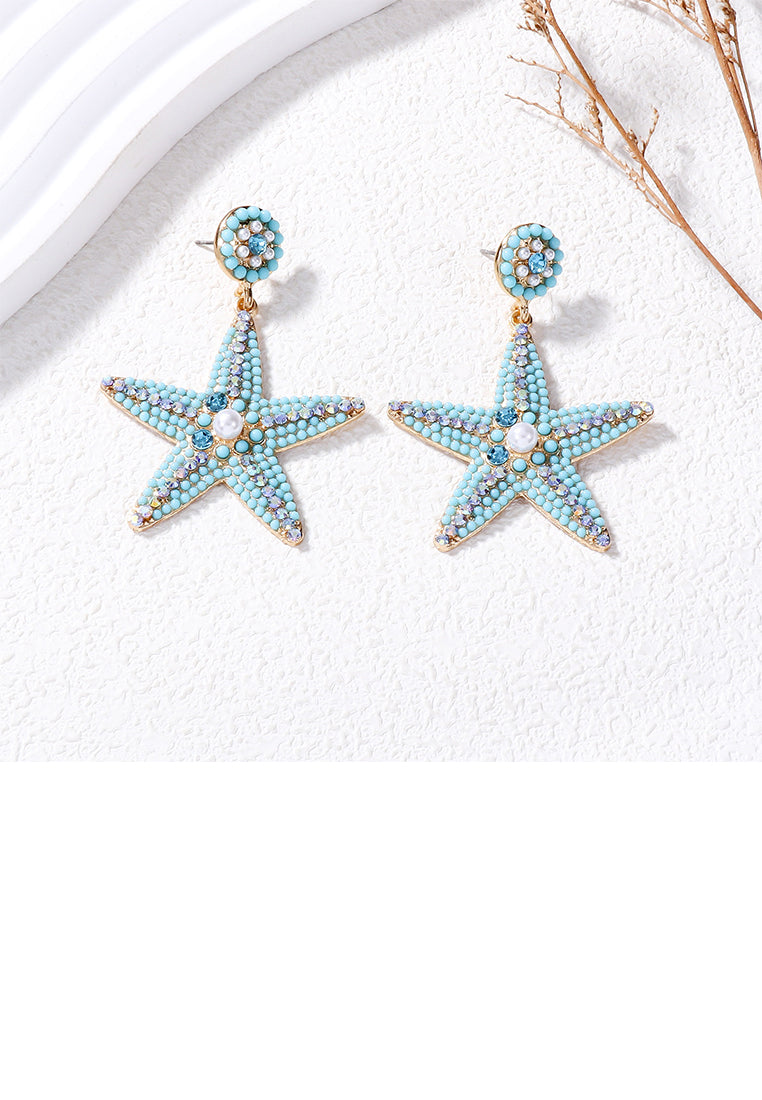 Fashion and Simple Plated Gold Five-pointed Star Imitation Pearl Stud Earrings with Blue Cubic Zirconia - Luxurious Look