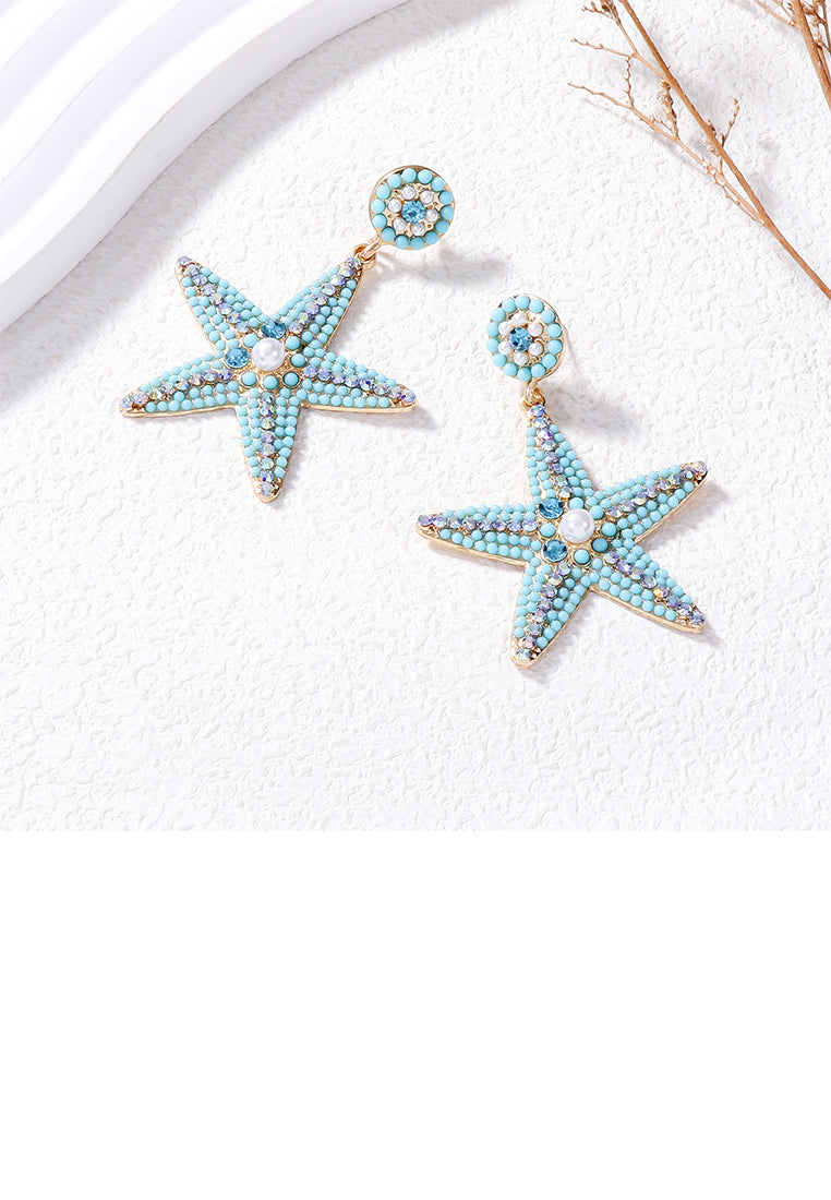 Fashion and Simple Plated Gold Five-pointed Star Imitation Pearl Stud Earrings with Blue Cubic Zirconia - Luxurious Look