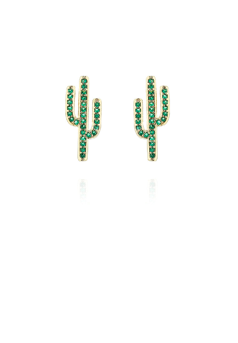 Simple and Lovely Plated Gold Cactus Stud Earrings with Green Cubic Zirconia - Luxurious Look