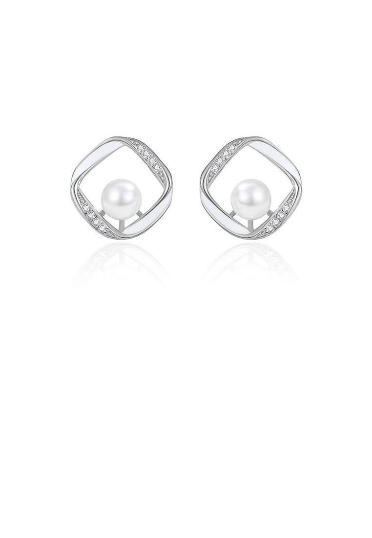 925 Sterling Silver Simple Hollow Geometric Square Imitation Pearl Stud Earrings with Cubic Zirconia - Luxurious Look