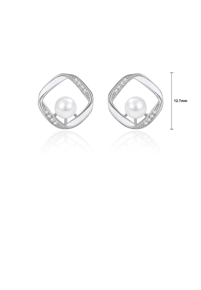 925 Sterling Silver Simple Hollow Geometric Square Imitation Pearl Stud Earrings with Cubic Zirconia - Luxurious Look