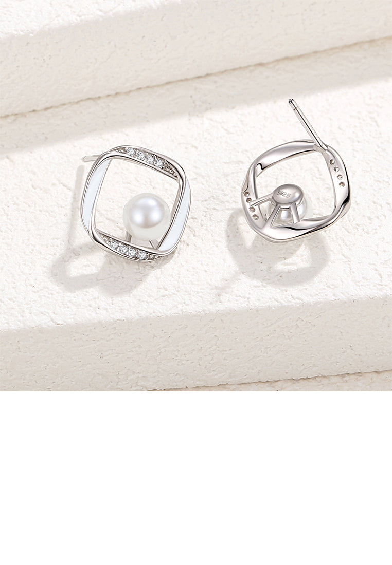 925 Sterling Silver Simple Hollow Geometric Square Imitation Pearl Stud Earrings with Cubic Zirconia - Luxurious Look