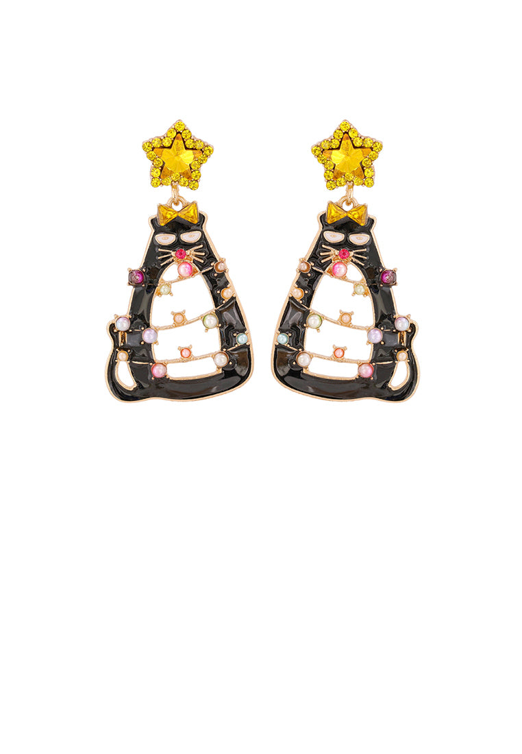Cute Creative Plated Gold Christmas Cat Earrings with Yellow Cubic Zirconia - Luxurious Look