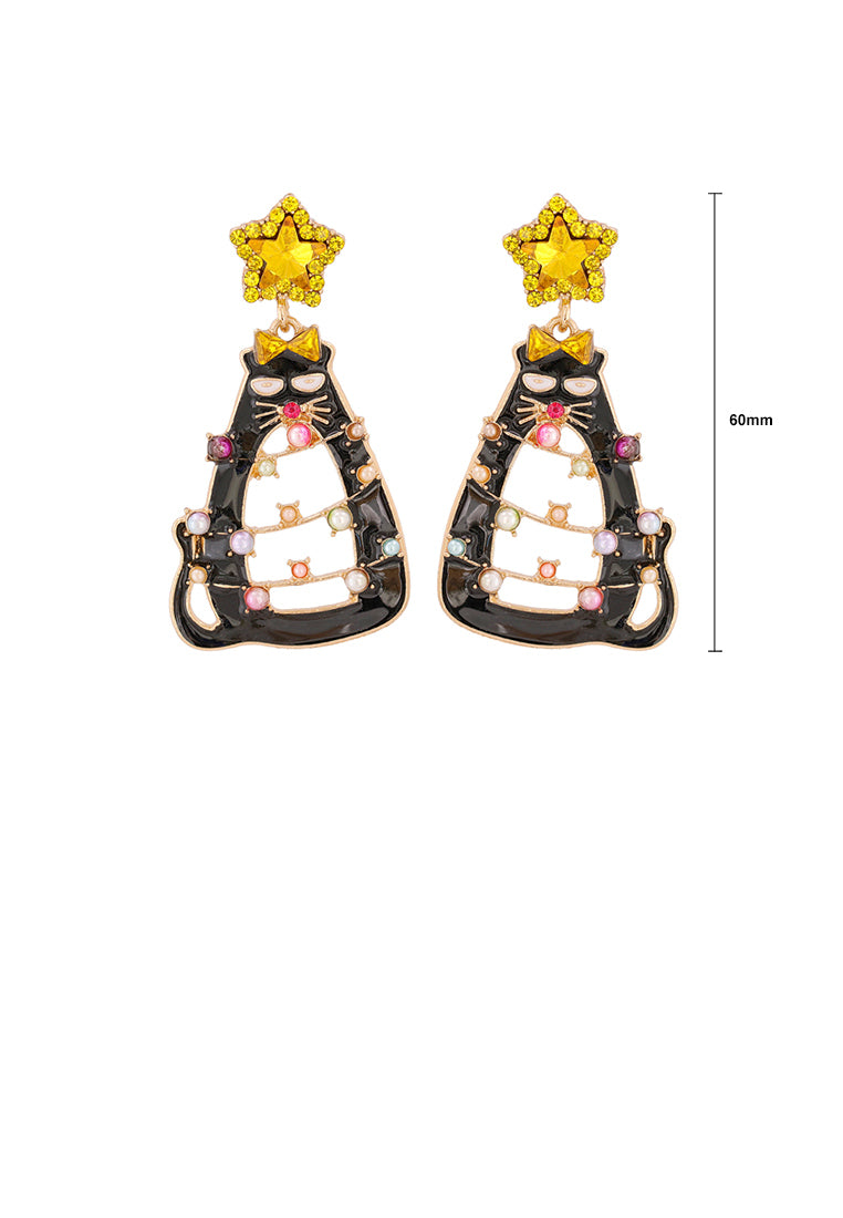 Cute Creative Plated Gold Christmas Cat Earrings with Yellow Cubic Zirconia - Luxurious Look