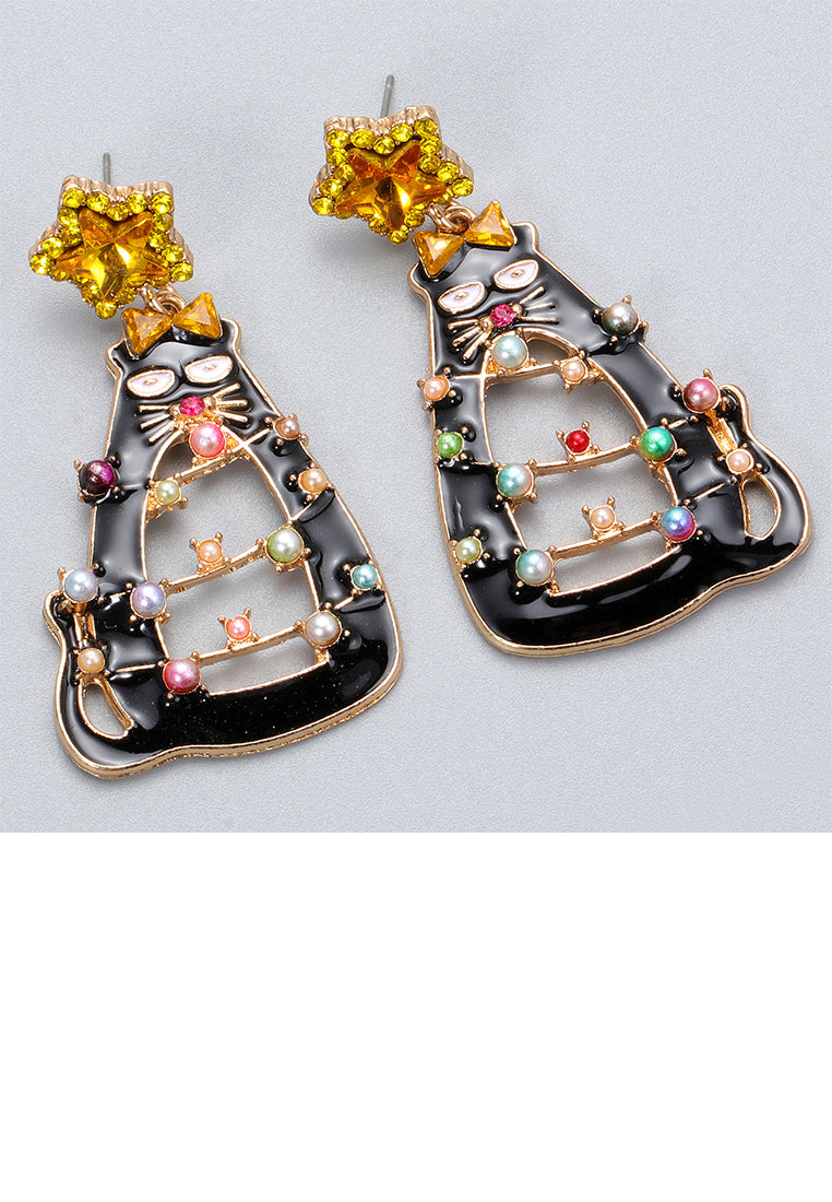 Cute Creative Plated Gold Christmas Cat Earrings with Yellow Cubic Zirconia - Luxurious Look