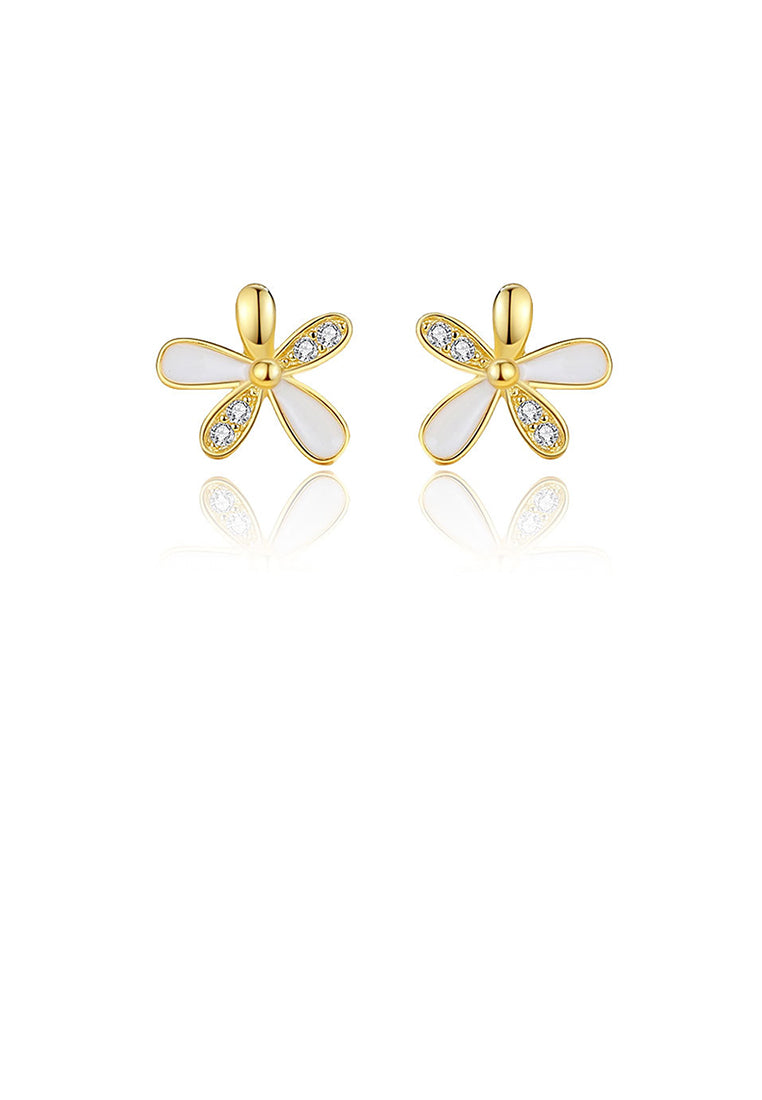 925 Sterling Silver Plated Gold Simple Sweet Flower Stud Earrings with Cubic Zirconia - Luxurious Look