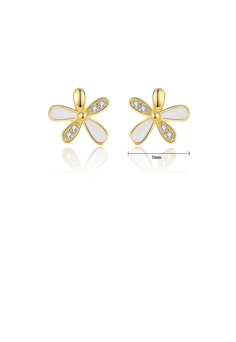 925 Sterling Silver Plated Gold Simple Sweet Flower Stud Earrings with Cubic Zirconia - Luxurious Look