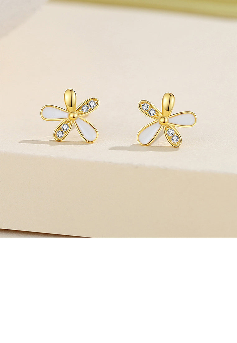 925 Sterling Silver Plated Gold Simple Sweet Flower Stud Earrings with Cubic Zirconia - Luxurious Look