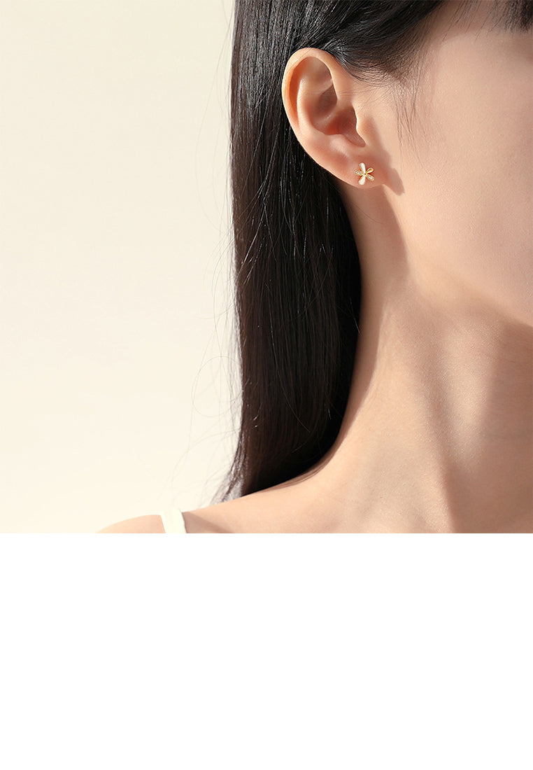 925 Sterling Silver Plated Gold Simple Sweet Flower Stud Earrings with Cubic Zirconia - Luxurious Look