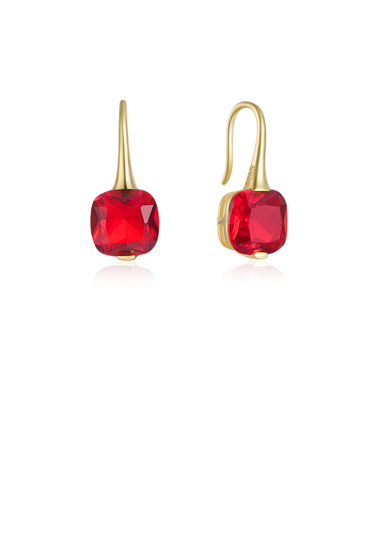 925 Sterling Silver Plated Gold Simple Fashion Geometric Square Earrings with Red Cubic Zirconia - Luxurious Look - Vibrant Color