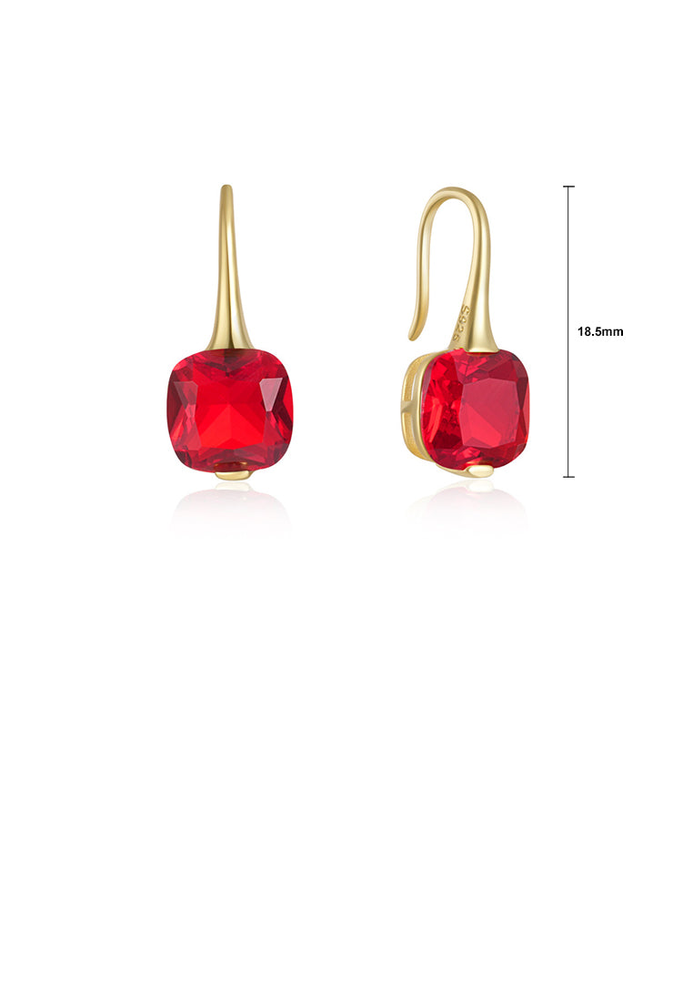 925 Sterling Silver Plated Gold Simple Fashion Geometric Square Earrings with Red Cubic Zirconia - Luxurious Look - Vibrant Color