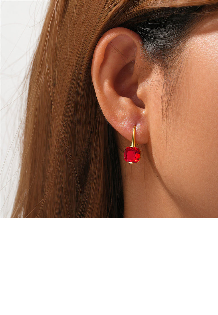 925 Sterling Silver Plated Gold Simple Fashion Geometric Square Earrings with Red Cubic Zirconia - Luxurious Look - Vibrant Color