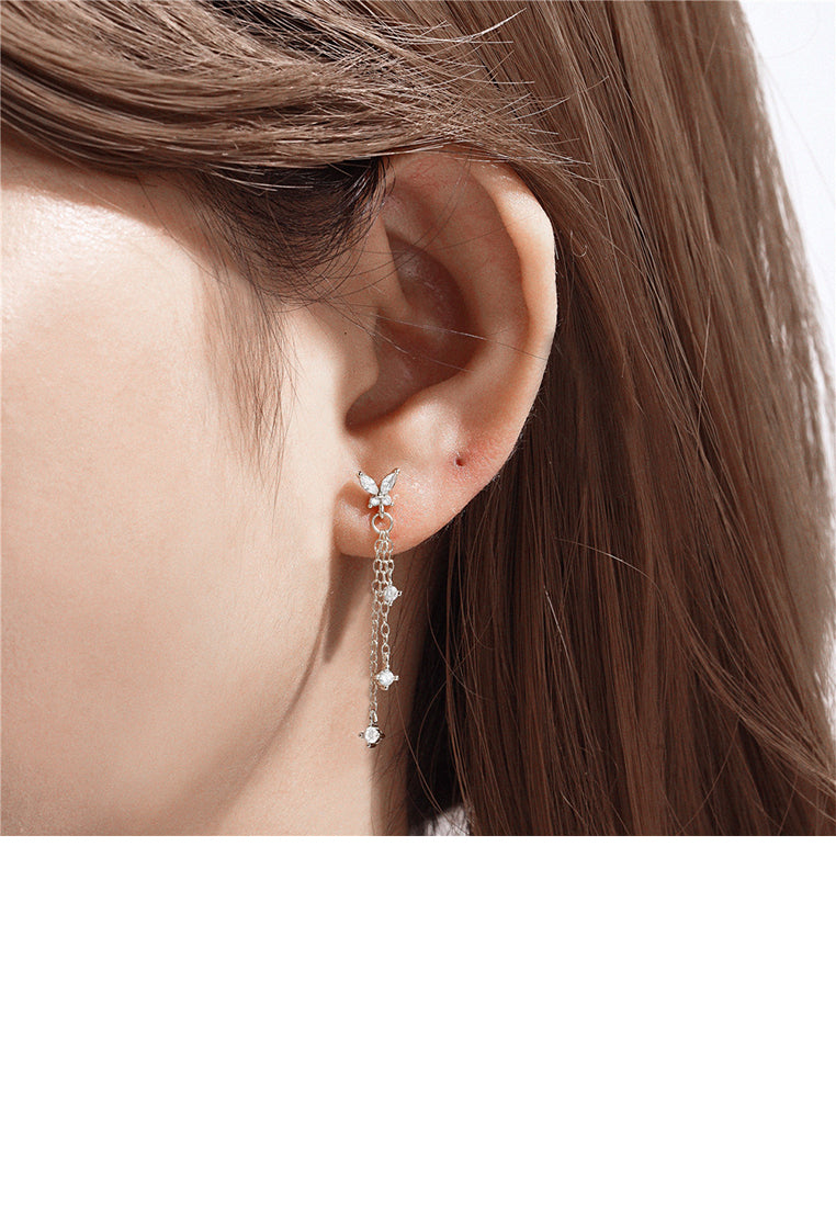 925 Sterling Silver Simple Fashion Butterfly Tassel Earrings with Cubic Zirconia - Luxurious Look