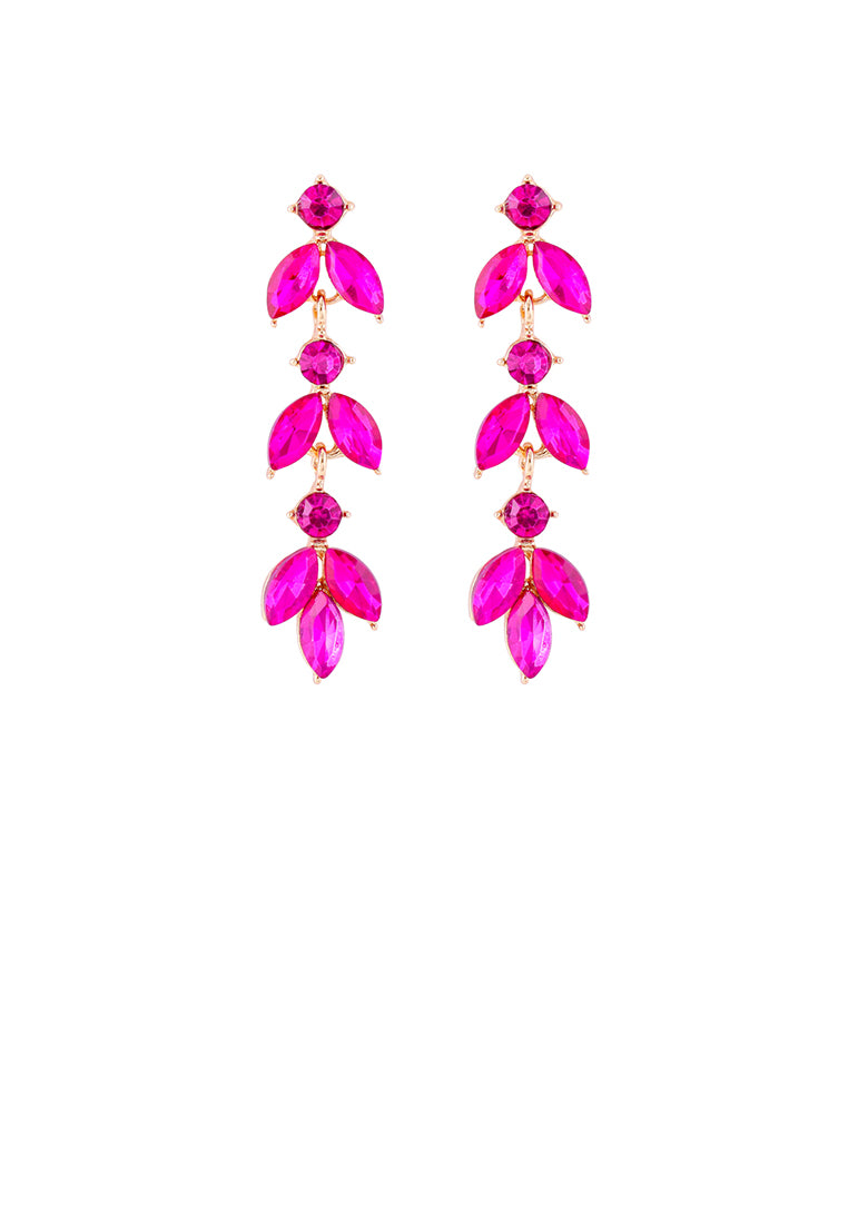 Simple and Fashion Plated Gold Leaf Tassel Earrings with Rose Red Cubic Zirconia - Luxurious Look - Vibrant Color