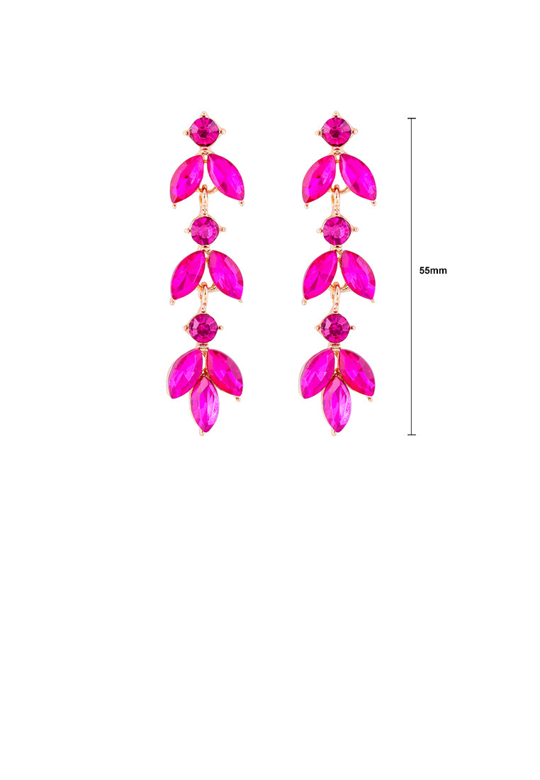 Simple and Fashion Plated Gold Leaf Tassel Earrings with Rose Red Cubic Zirconia - Luxurious Look - Vibrant Color