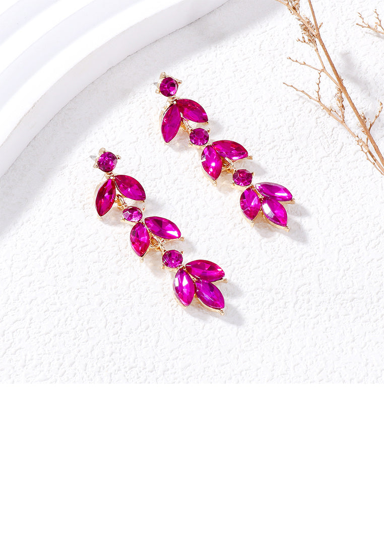 Simple and Fashion Plated Gold Leaf Tassel Earrings with Rose Red Cubic Zirconia - Luxurious Look - Vibrant Color