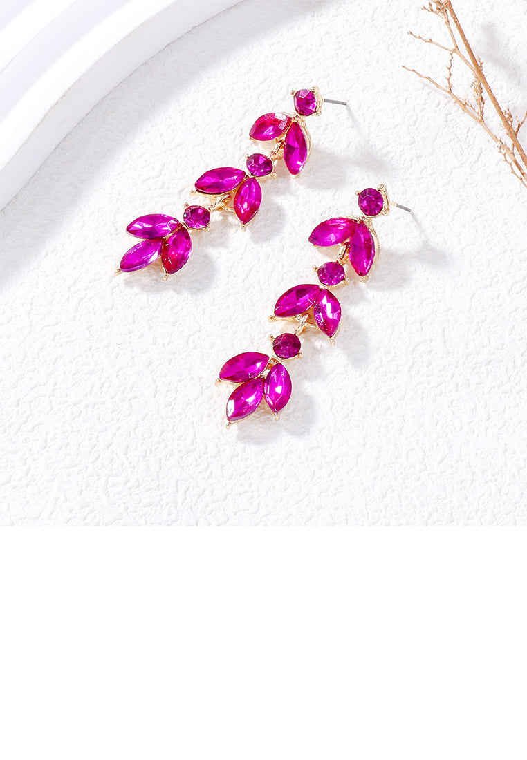 Simple and Fashion Plated Gold Leaf Tassel Earrings with Rose Red Cubic Zirconia - Luxurious Look - Vibrant Color