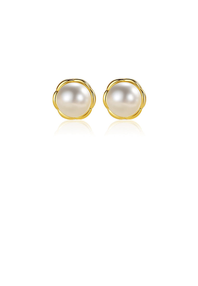 925 Sterling Silver Plated Gold Simple and Elegant Flower Imitation Pearl Stud Earrings - Luxurious Look