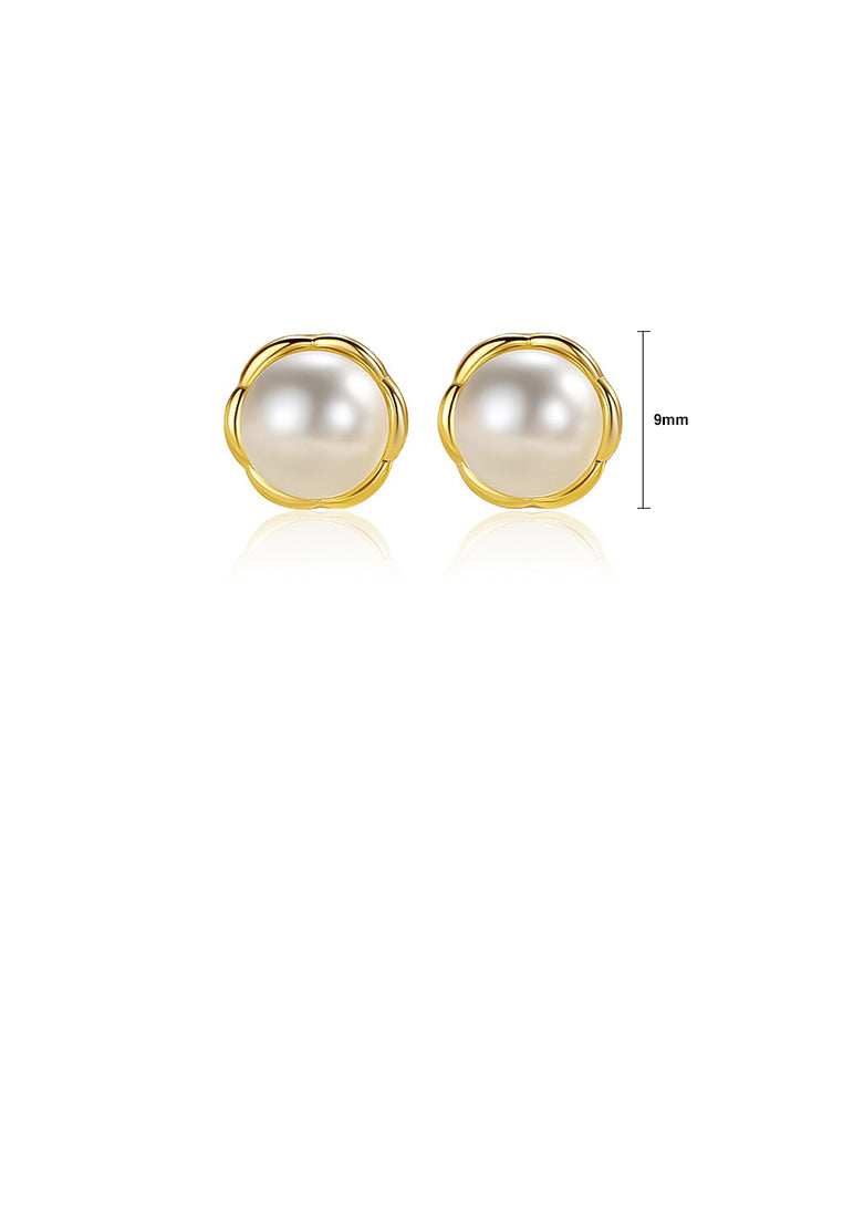 925 Sterling Silver Plated Gold Simple and Elegant Flower Imitation Pearl Stud Earrings - Luxurious Look