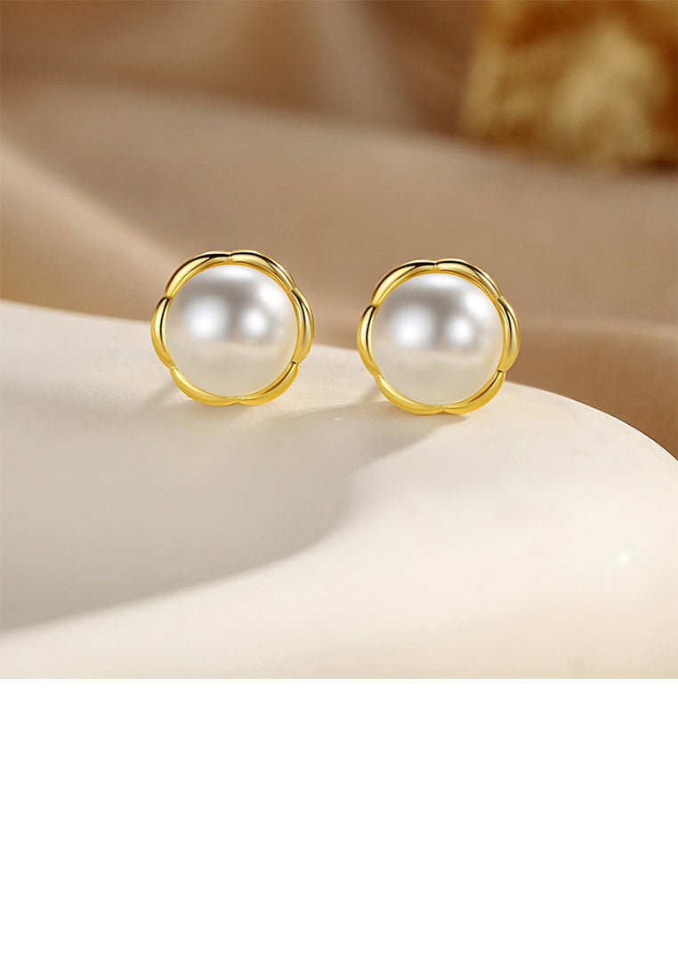 925 Sterling Silver Plated Gold Simple and Elegant Flower Imitation Pearl Stud Earrings - Luxurious Look