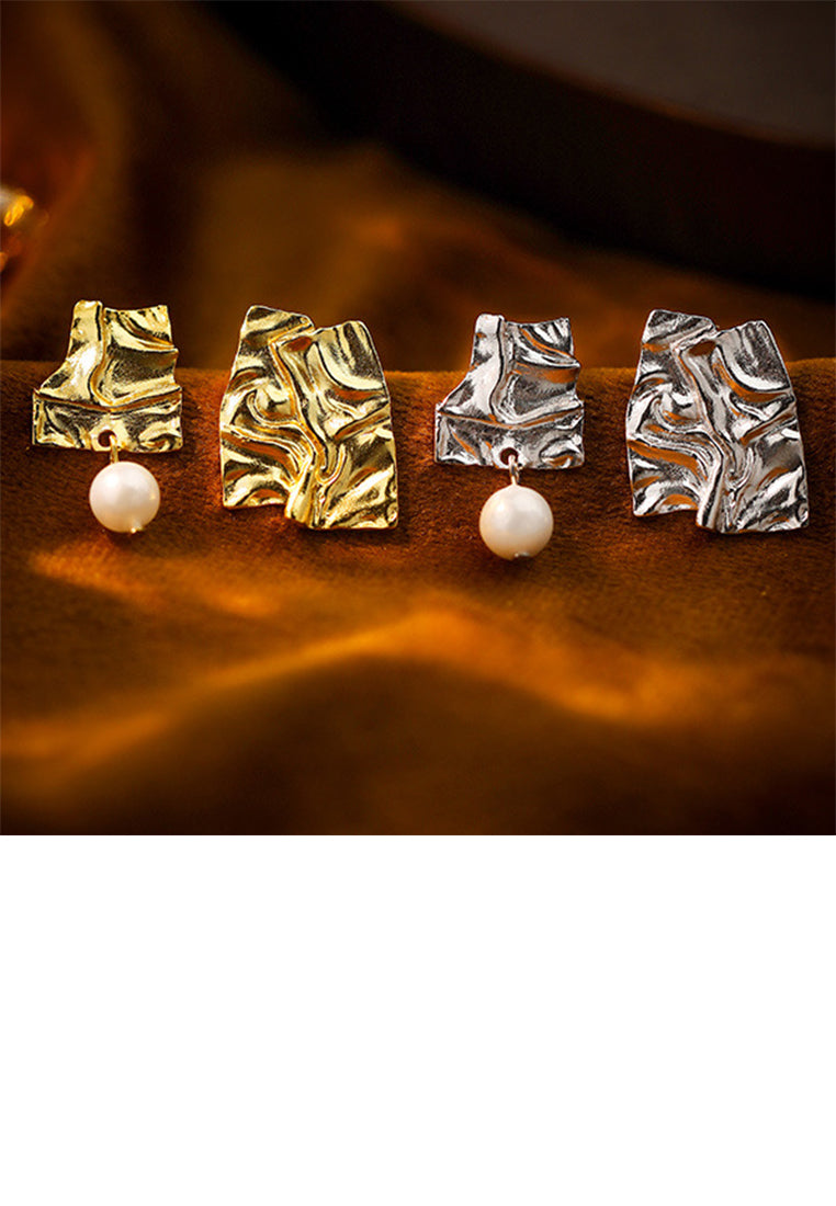 925 Sterling Silver Plated Gold Fashion Personality Asymmetric Pattern Geometric Imitation Pearl Earrings - Luxurious Look