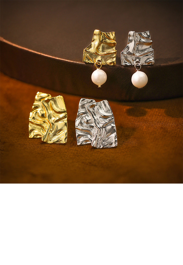 925 Sterling Silver Plated Gold Fashion Personality Asymmetric Pattern Geometric Imitation Pearl Earrings - Luxurious Look