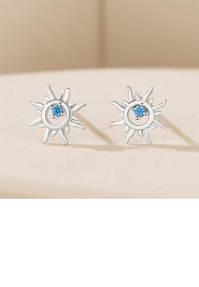 925 Sterling Silver Fashion Simple Sun Stud Earrings with Blue Cubic Zirconia - Luxurious Look