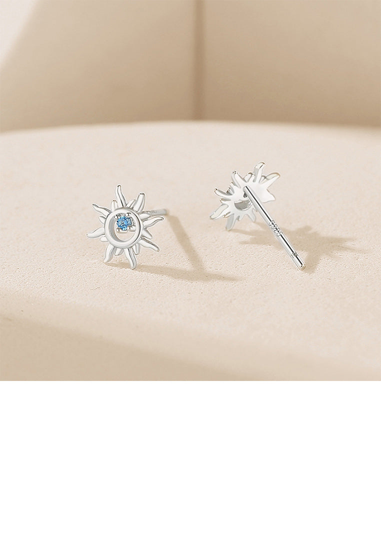 925 Sterling Silver Fashion Simple Sun Stud Earrings with Blue Cubic Zirconia - Luxurious Look