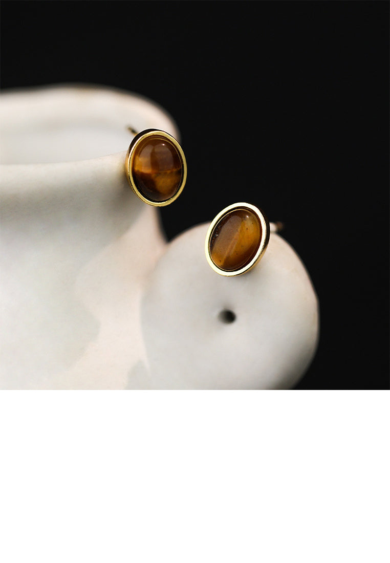 925 Sterling Silver Plated Gold Simple Vintage Geometric Oval Stud Earrings