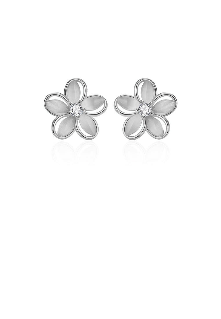 925 Sterling Silver Simple and Fashion Flower Imitation Cats Eye Stud Earrings with Cubic Zirconia - Luxurious Look