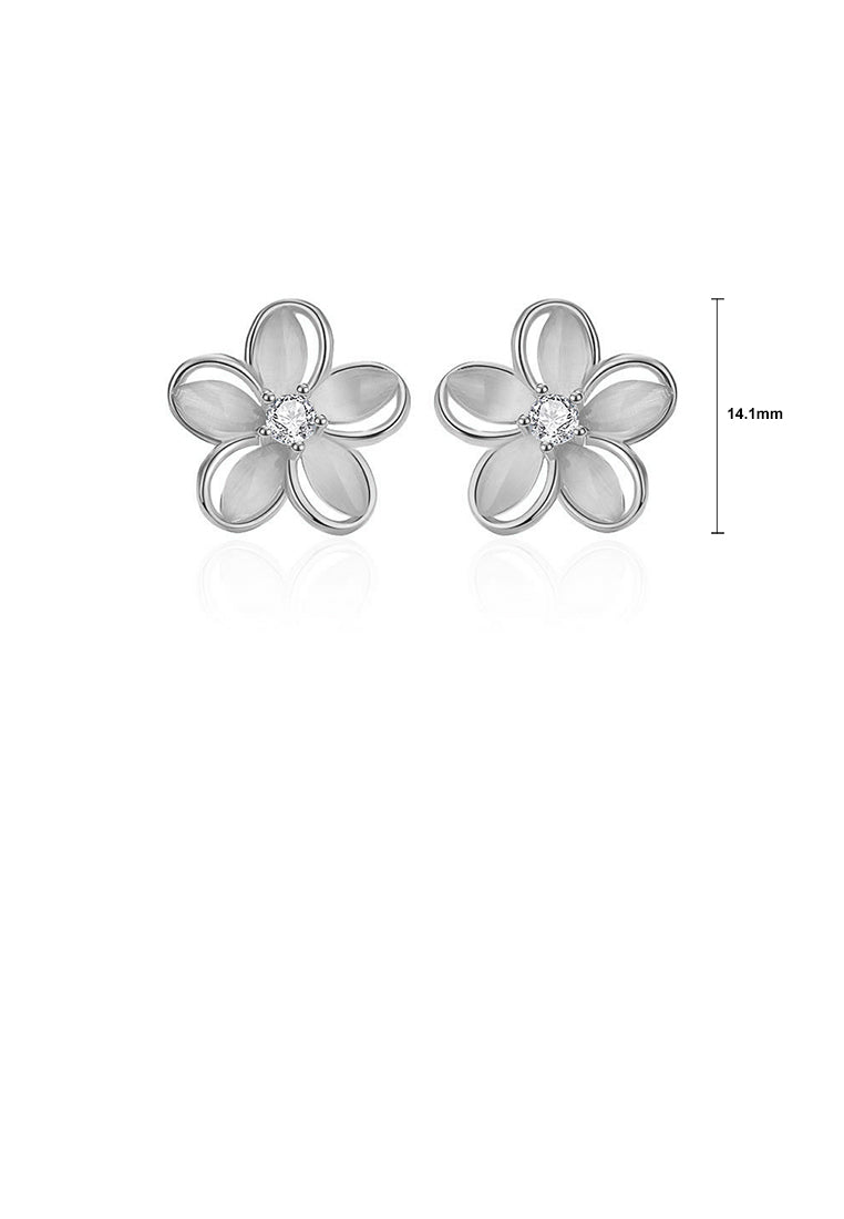 925 Sterling Silver Simple and Fashion Flower Imitation Cats Eye Stud Earrings with Cubic Zirconia - Luxurious Look