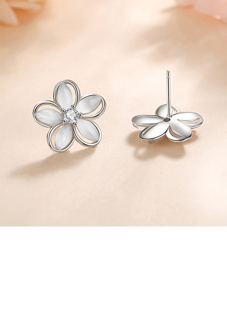 925 Sterling Silver Simple and Fashion Flower Imitation Cats Eye Stud Earrings with Cubic Zirconia - Luxurious Look
