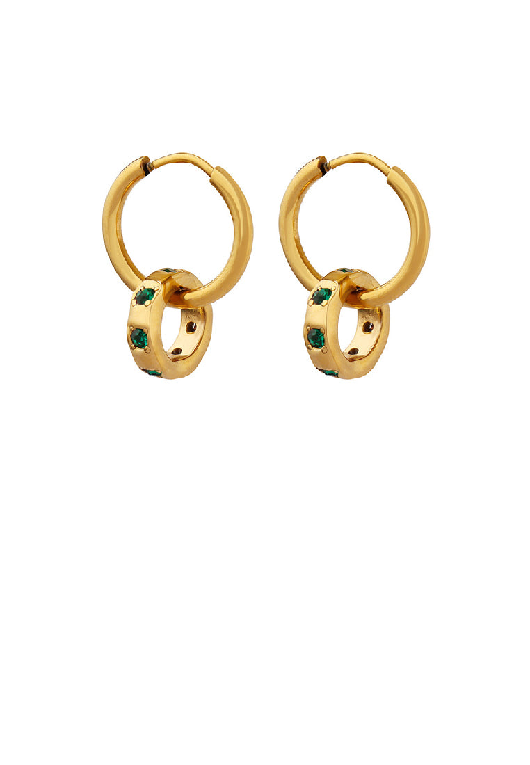 Simple Fashion Plated Gold 316L Stainless Steel Geometric Double Circle Earrings with Green Cubic Zirconia - Luxurious Look