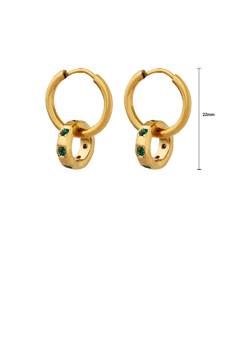 Simple Fashion Plated Gold 316L Stainless Steel Geometric Double Circle Earrings with Green Cubic Zirconia - Luxurious Look