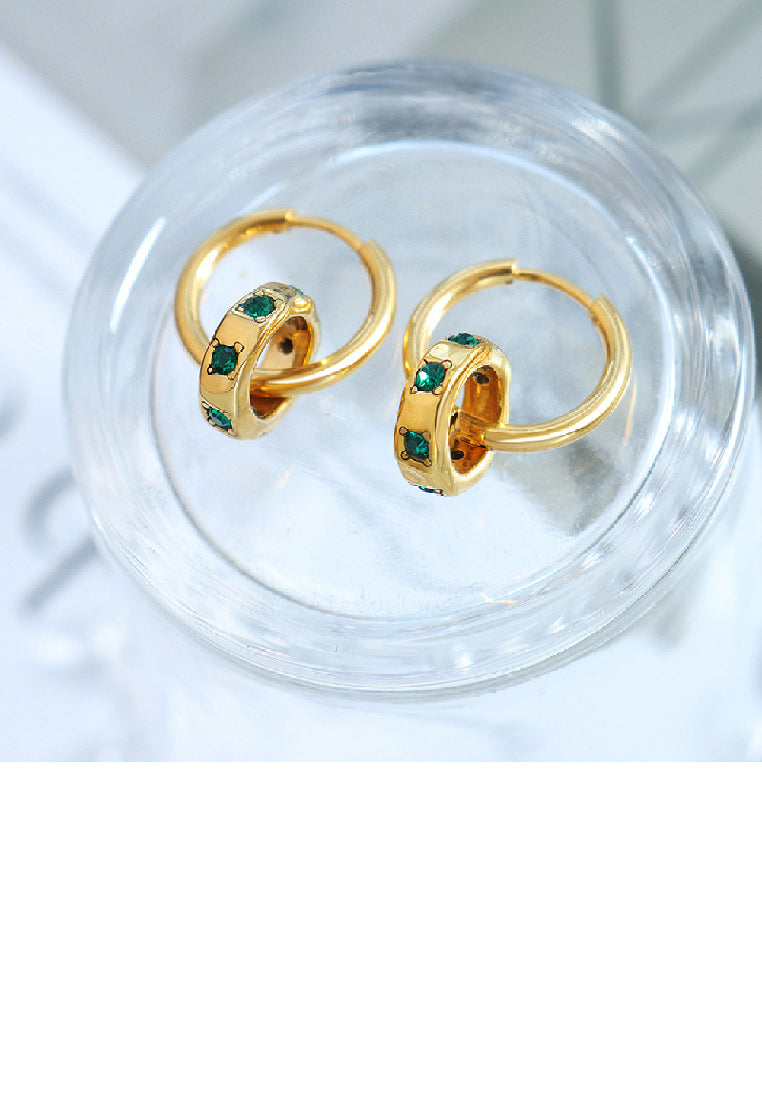 Simple Fashion Plated Gold 316L Stainless Steel Geometric Double Circle Earrings with Green Cubic Zirconia - Luxurious Look