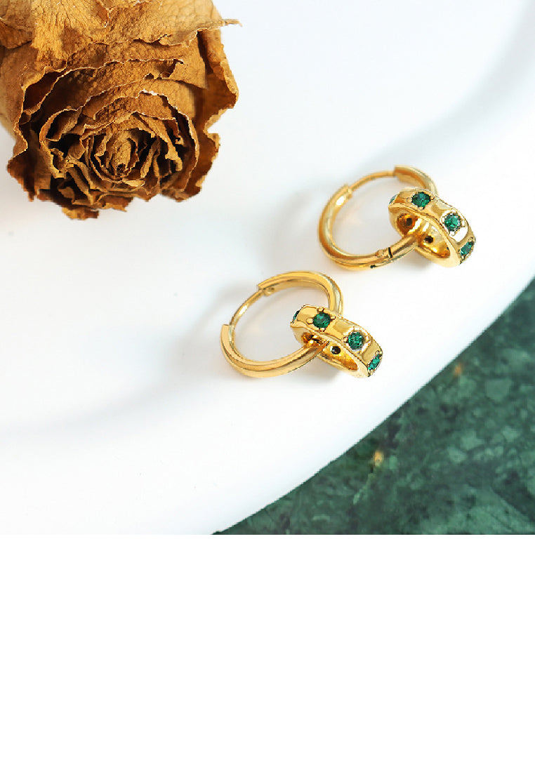 Simple Fashion Plated Gold 316L Stainless Steel Geometric Double Circle Earrings with Green Cubic Zirconia - Luxurious Look