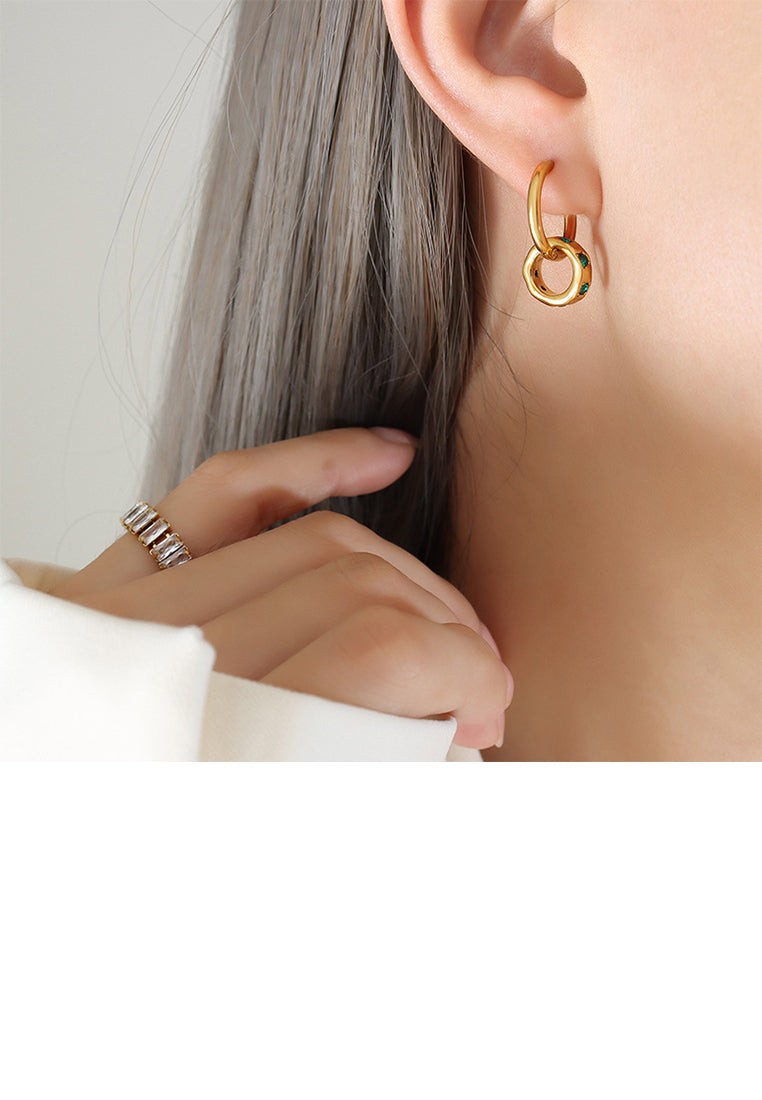 Simple Fashion Plated Gold 316L Stainless Steel Geometric Double Circle Earrings with Green Cubic Zirconia - Luxurious Look