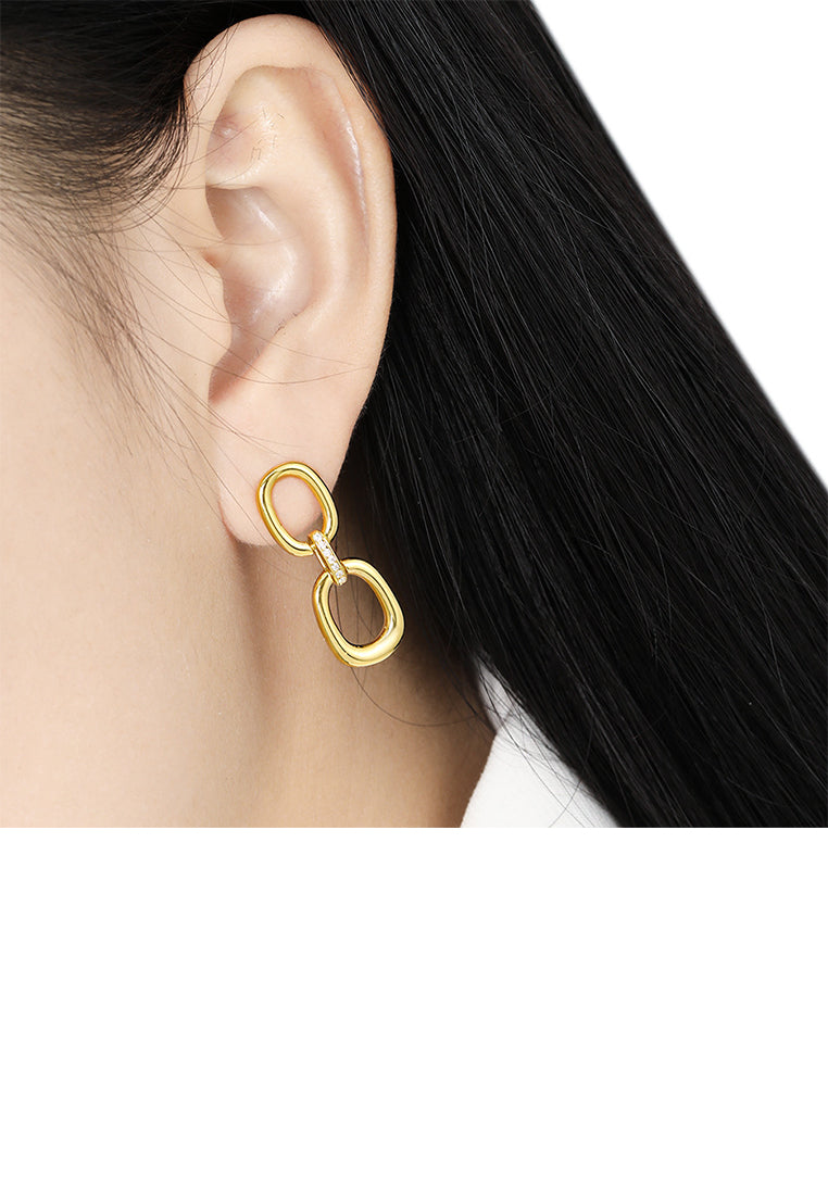 925 Sterling Silver Plated Gold Simple Statement Geometric Double Hoop Earrings with Cubic Zirconia - Luxurious Look