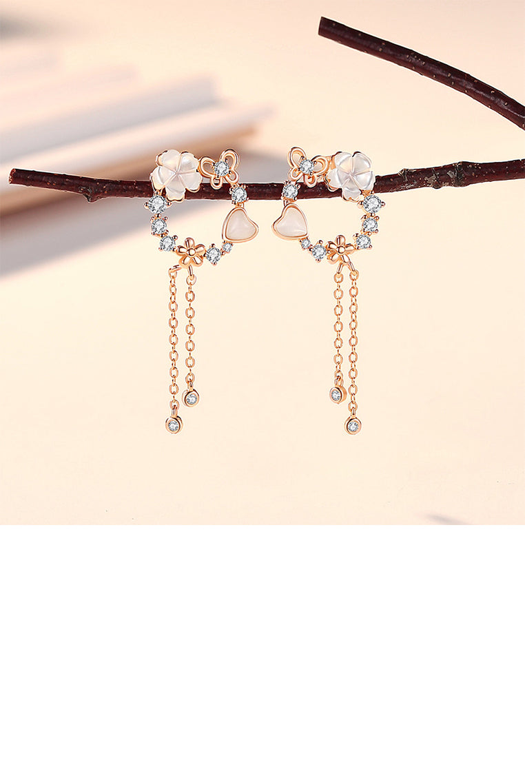 925 Sterling Silver Plated Rose Gold Fashion Simple Flower Butterfly Tassel Earrings with Cubic Zirconia - Luxurious Look