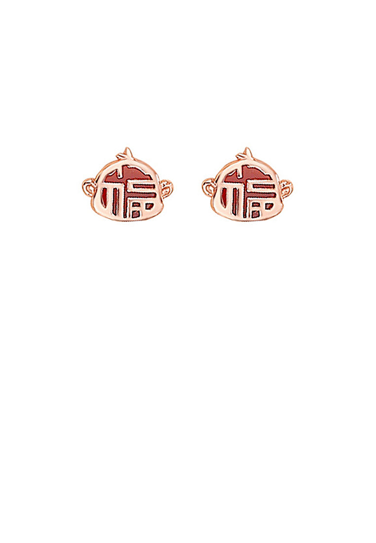 925 Sterling Silver Plated Rose Gold Simple Vintage Zodiac Monkey Imitation Agate Stud Earrings with Blessing Character