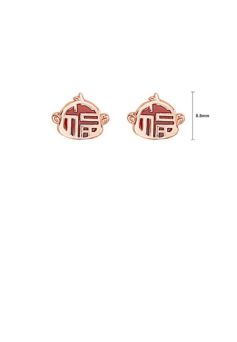 925 Sterling Silver Plated Rose Gold Simple Vintage Zodiac Monkey Imitation Agate Stud Earrings with Blessing Character