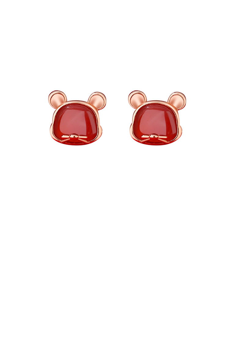 925 Sterling Silver Plated Rose Gold Simple and Cute Twelve Zodiac Mice Imitation Agate Stud Earrings