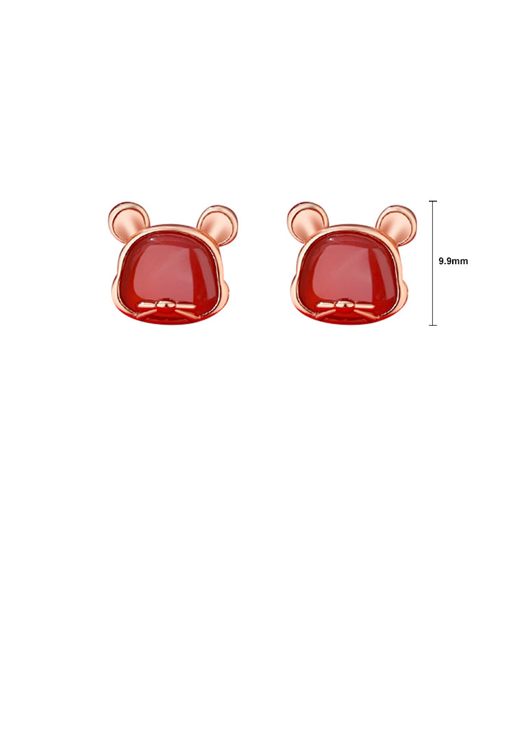 925 Sterling Silver Plated Rose Gold Simple and Cute Twelve Zodiac Mice Imitation Agate Stud Earrings